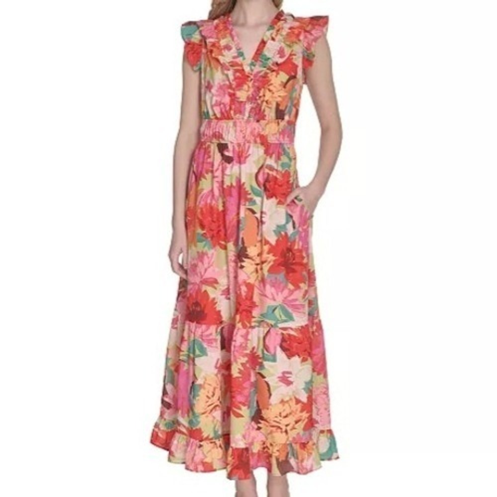 Vince Camuto Floral Print Ruffled Shoulder V Neck Dress Womens Size 4 NWT